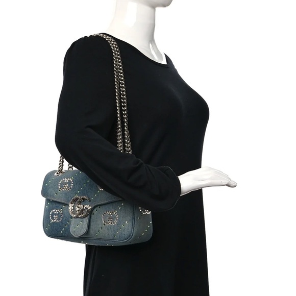 Gucci Denim Crystal Applique Small GG Marmont Shoulder Bag Blue - Picture 2 of 7